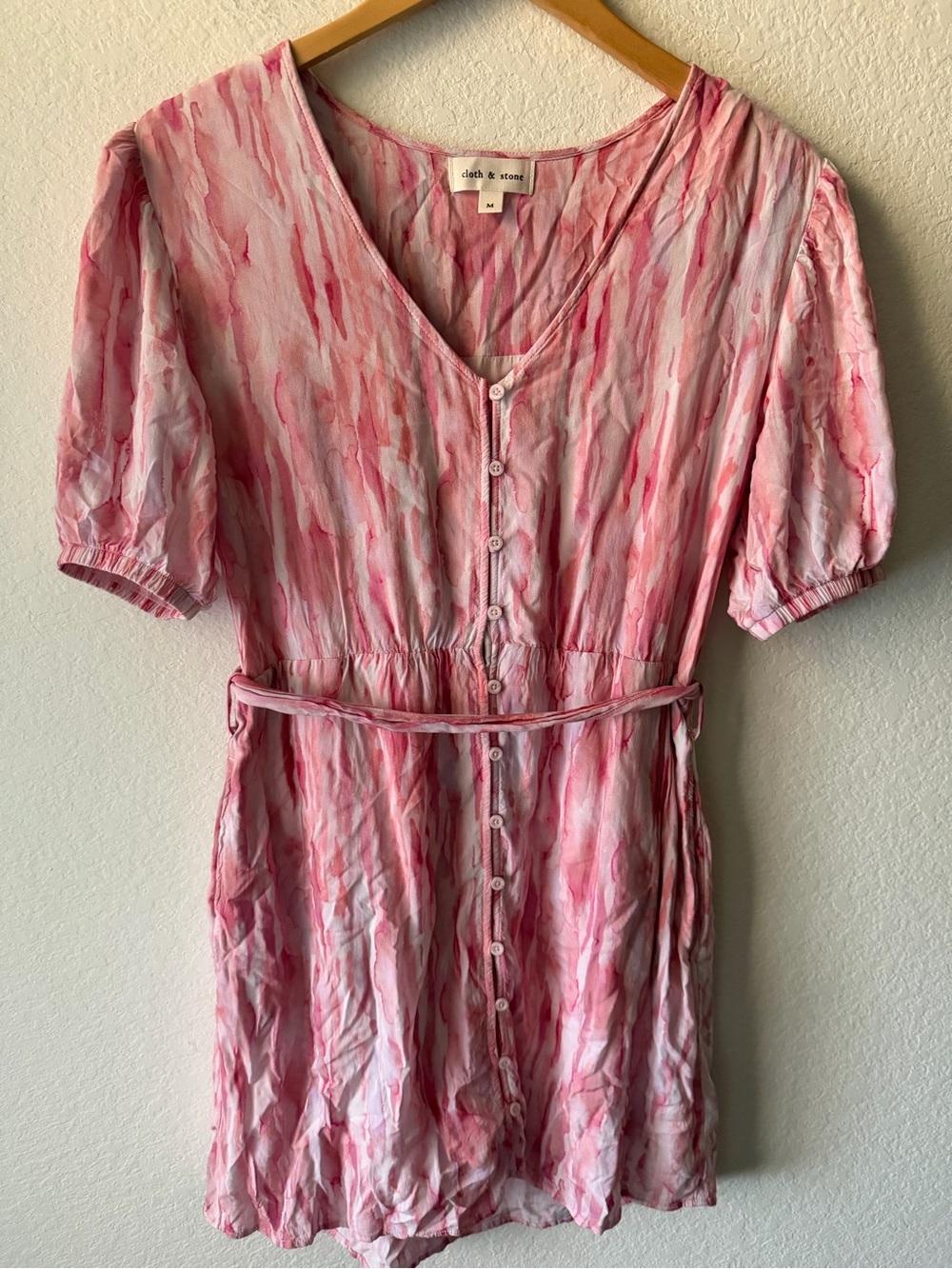 Cloth & Stone Pink Watercolor Button Front Tie Waist Mini Dress Medium